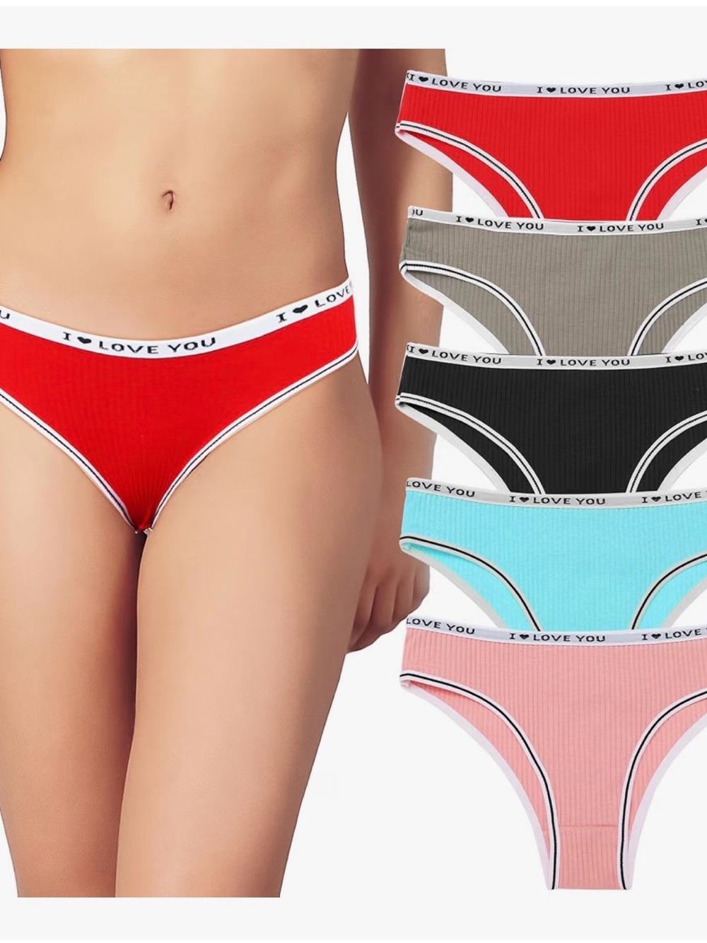 Women's Ribbed Bikini Briefs with 'I Love You' Waistband - Red (12 Pack Mix)